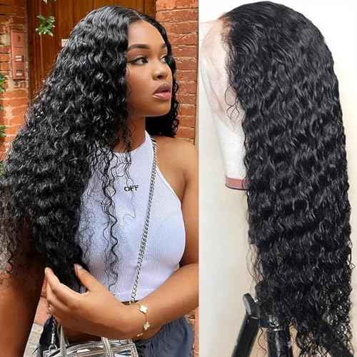 13x6 Deep Wave Lace Front Wigs Human Hair Wigs for Women 180% Density HD Transparent Deep Curly Lace Frontal Wigs Human Hair Pre Plucked with Baby Hair Natural Color 20 Inch