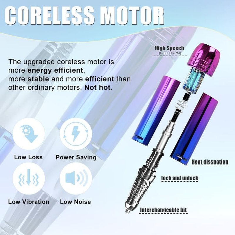 Electric Nail Drill 35000RPM | Rechargeable Acrylic & Gel Nail File Kit with 6 Polishing Tools - Sunset Blue
