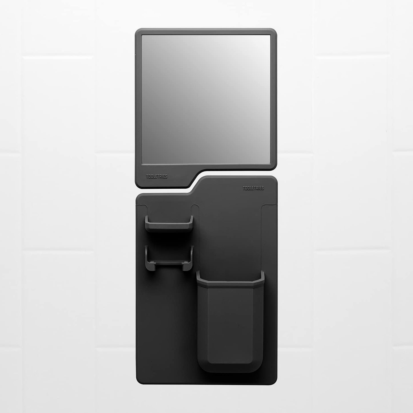 TOOLETRIES The Harvey & Oliver Set, Silicone Wall Mounted Bath & Shower Organizer with Clear-View Shatterproof Grooming & Shaving Mirror, Easy Installation, Removable & Reusable - Charcoal