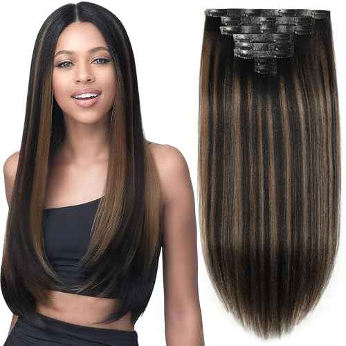 Caliee Seamless Yaki Straight Clip in Hair Extensions Human Hair 22 Inch Natural Black Mixed Chestnut Brown Seamless Yaki Straight Clip ins for Women Invisible PU Weft 115G 8 PCS Soft
