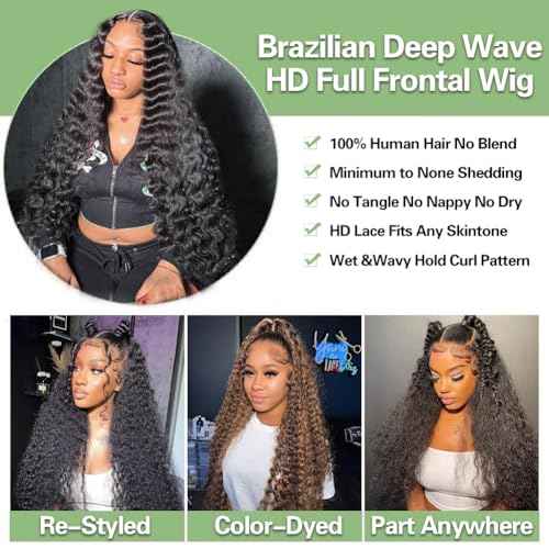 26 Inch Deep Wave Lace Front Wigs Human Hair, 13x4 HD Curly Lace Front Human Hair Wet Wavy Waterwave Glueless Frontal Deep Wave Wig for Women, Pre Plucked, 180 Density, Average Cap, Tangle Free