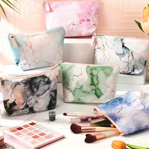 Boao 6 Pieces Canvas Cosmetic Bags Pouches for Purse with Zipper Printed Makeup Bag Multi Function Canvas Travel Pouch Organizer Pouch for Women Vacation Travel, 6 Styles(Marbling Style)