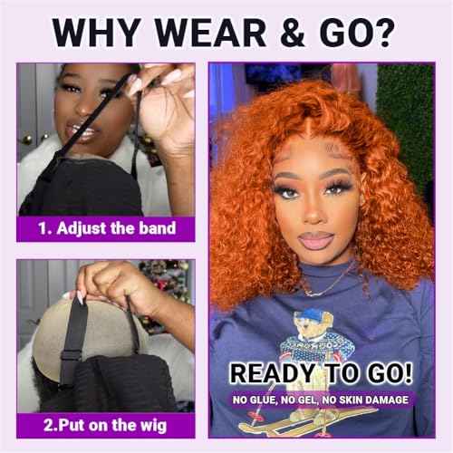 UCUVIC Wear And Go Glueless Wigs Human Hair Pre Plucked Pre Cut Curly 5x5 Deep Wave Bob Wig Human Hair Lace Front Closure Wigs For Black Women 200 Density Curly Wig Glueless Wear And Go Ginger 18 Inch