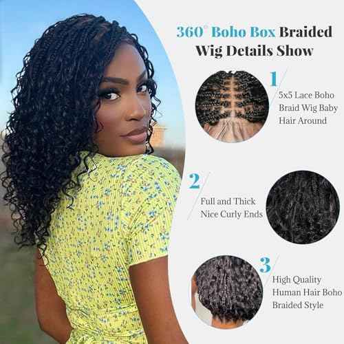Bohemian Box Braided Bob Wigs Human Hair 5x5 HD Transparent Lace Closure 10 Inch 200% Density for Women Boho Knotless Box Braided Wigs with Baby Hair Lace Front Curly Bohemian Braids Bob Wig