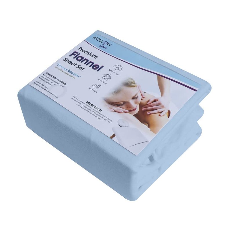 AVALON CARE Massage Table Sheets Set - 3 Pcs 100% Cotton Flannel - Fitted Sheets, Flat Sheet & Face Cover - Soft & Smooth Massage Bed Cover - Sky Blue