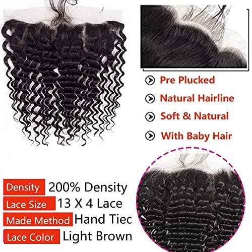12A Grade Deep Wave Lace Frontal 13x4 Ear to Ear Lace Frontal 20 Inch 100% Unprocessed Brazilian Virgin Human Hair Swiss Lace Frontal Closure 200% Density Pre Plucked With Baby Hair Natural Color