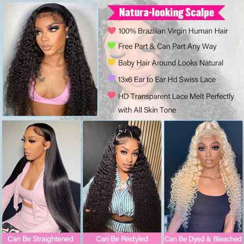 26 Inch Deep Wave Lace Front Wigs Human Hair 200% Density 13x6 HD Lace Frontal Wigs Pre Plucked Glueless Wigs 100% Real Human Hair No Synthetic Blend No Tangle No Shedding Triple Lifespan 3X