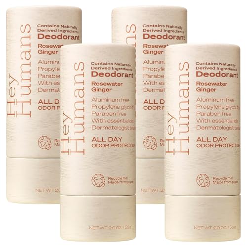 Hey Humans Deodorant, Aluminum Free Deodorant for Women and Men, Contains Naturally Derived Ingredients, All Day Odor Control, Refreshing Essential Oils, Earth Friendly Package, Rosewater Ginger
