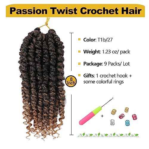 Passion Twist Hair 8 Inch 9packs Passion Twist Crochet Hair for Black Women,Pre twisted Crochet Passion Twist Hair With Curly Ends T27
