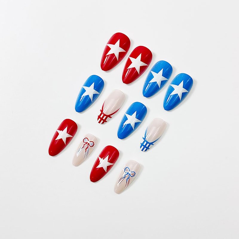 Skiennix 24Pcs 4th of July Press-On Nails - Short Oval Red Blue Plaid with Patriotic Designs