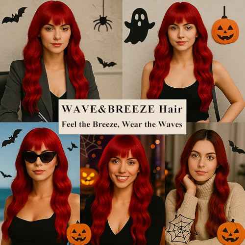 Long Red Wigs with Bangs 26Inch Wavy Curly Hair for Women Tangle Free Soft Natural Looking Premium Heat Resistant Protein Fiber Daily Party Use