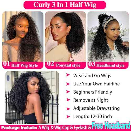 20 Inch Kinky Curly Half Wig Human Hair 200% Density Wear Go Glueless Wigs Human Hair Curly 3 In 1 Half Wigs for Women Drawstring Seamless Flip Headband Wig Beginner Friendly