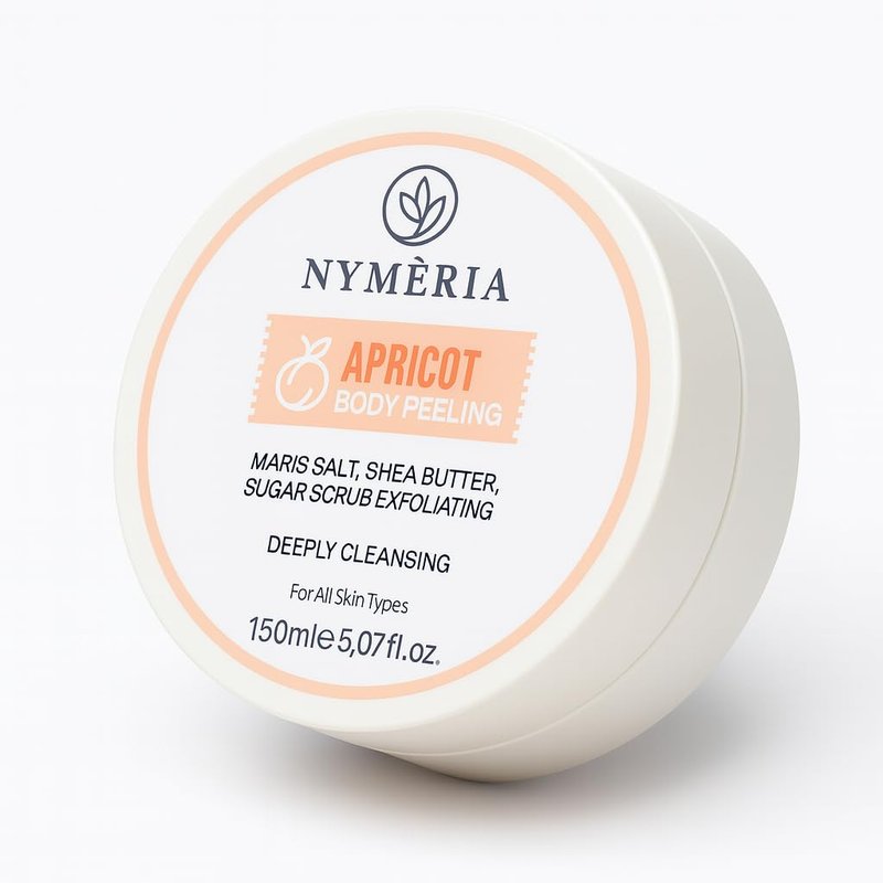 NYMERIA Apricot Body Peeling – Exfoliating Sugar & Salt Body Scrub with Shea Butter & Hyaluronic Acid, Deep Cleansing & Hydrating Formula for Smooth, Glowing Skin, 5 fl oz / 150 ml