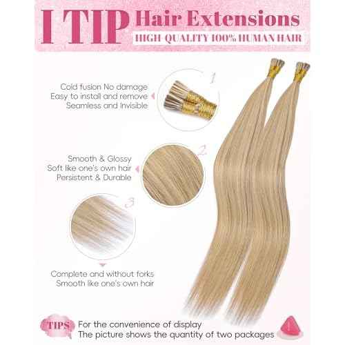 Remy I Tip Hair Extensions Human Hair 22 Inch #18/613 Dark Blonde Highlighted Bleach Blonde Itip Human Hair Extensions Invisible Silky Straight 30g/30s