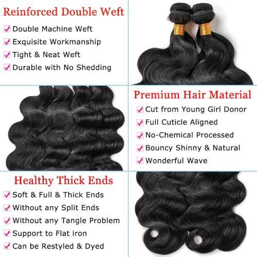 16A Human Hair Bundles 18 20 22 24 Inch Body Wave Bundles Human Hair 400g Brazilian Virgin Body Wave 4 Pieces Deals Brazilian Quick Weave Extensions Wet and Wavy Extensions Natural Black