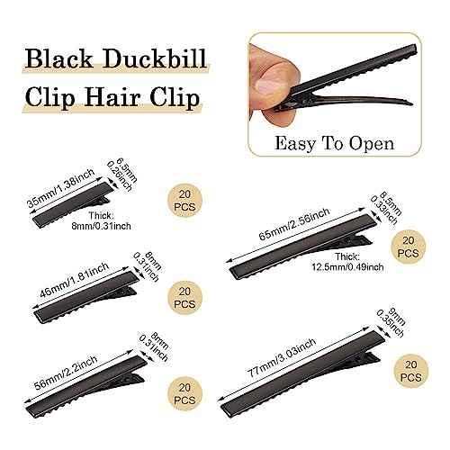 100Pcs Black Alligator Hair Clips 5 Sizes Metal Barrette Hair Clips Single Prong Hairpins for Bows Hair Accessories Making, 35/46/56/65/77mm