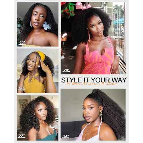 ?Kinky Curly Half Wig Human Hair With Drawstring 200% Density, Seamless 3 In 1 Flip Over Afro Kinky Curly Wig Human Hair Glueless Wear and Go Headband Curly Half Wigs for Black Women 18 Inch