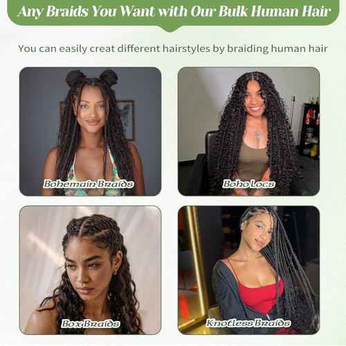 Water Wave Human Hair Bundles Natural Black for Braiding 22 Inch 2 Bundles No Weft, Curly Boho Braids Hair, Brazilian Virgin Hair Extensions (22In,1B)