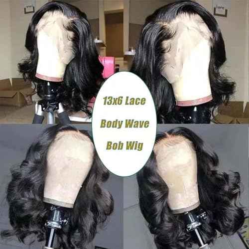 16 Inch Bob Wig Human Hair Short Body Wave Lace Front Wigs Human Hair 13x6 HD Lace Front Wigs 200 Density Body Wave Wigs Pre Plucked for Women Natural Black