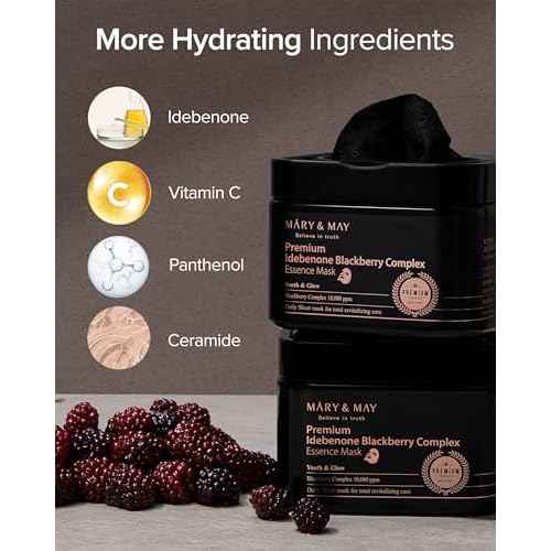 Mary&May Premium Idebenone Blackberry Complex Essence Mask - Quick Dispenser Type Anti Aging Korean Face Mask Sheet - Vitamin C, Panthenol, and Ceramide for Moisturizing and Radiant Skin, 20 Sheets