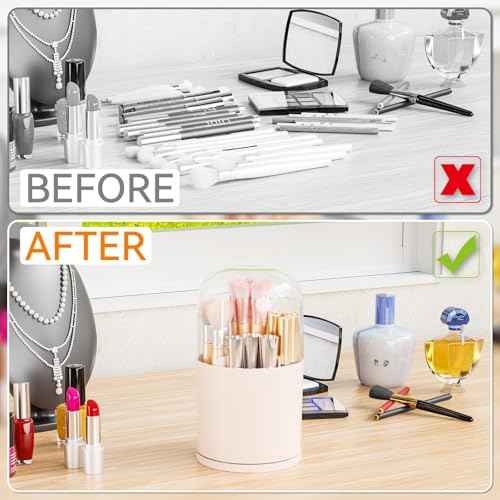 Yieach Rotating Acrylic Makeup Brush Holder with Lid for Vanity,Bathroom,Countertop,Covered Makeup Brushes Organizer,Round Spinning Cosmetic Brushes Holder and Make up Brush Storage with Cover,Pink