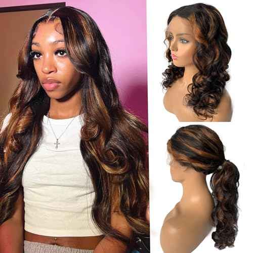 Licoville 22 Inch Highlight Ombre Lace Front Wig Human Hair Loose Wave Lace Front Wigs 1b/30 Black Brown Highlight Loose Curly Wigs Human Hair for Black Women 180% Density Middle Part Pre Plucked
