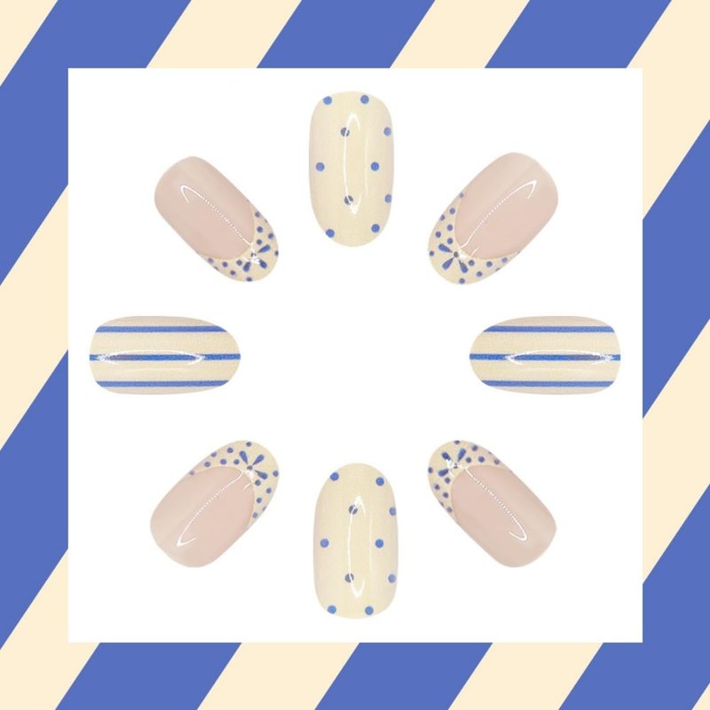 Blue White Press on Nails Stripe Fake Nails French Tip Glue on Nails with Point Design Short Almond Stick on Nail Artificial Acrylic Glossy Full Cover False Nail for Women Girls Manicure 24Pcs