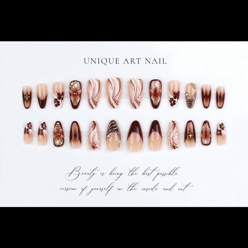 Skiennix French Tips Press-On Nails - Medium Almond Shape with 5D Flower Charm Design | Glossy Brown, 24 Pcs