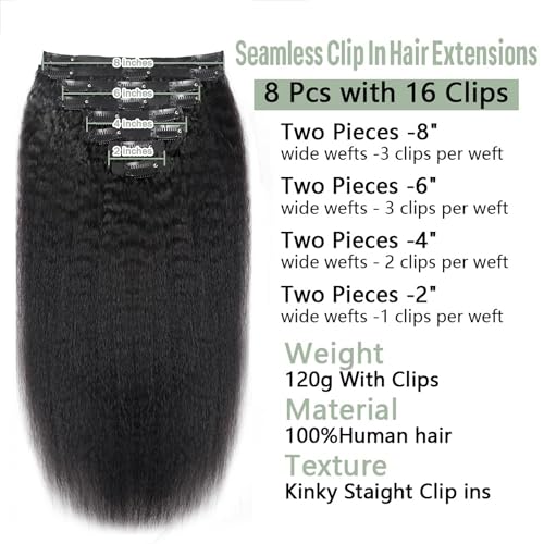 Seamless Clip in Hair Extensions Real Human Hair Kinky Straight Clip ins Brazilian Virgin Human Hair Extensions for Women 8Pcs PU Clip in Remy Hair Skin Weft 18Clips 120g (24inch,Natural Black)