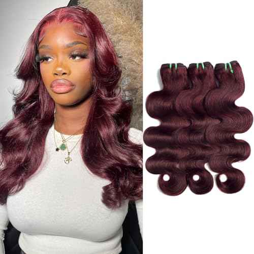 13A Double Drawn 99J Dark Burgundy 3 Bundles Body Wave Human Hair, Double Lifespan Than Regular Hair, Keep Silky And Soft After Washes Colored #99J Wine Cheery Red Bundles Raw Hair 12 14 16 IN