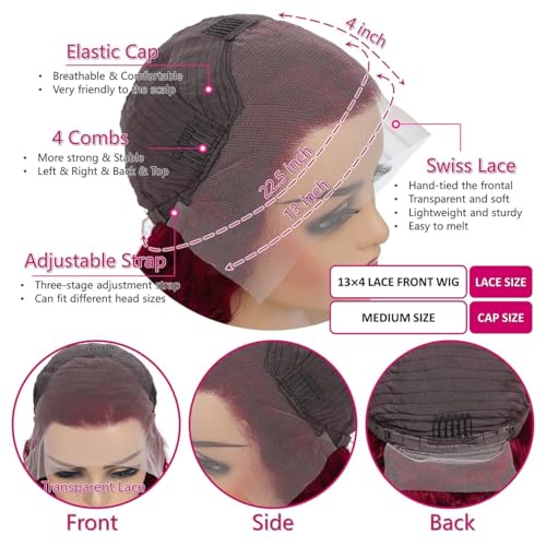 99j Burgundy 13x4 Lace Front Wigs Human Hair Deep Wave HD Transparent Lace Frontal Wig Human Hair 180% Density Glueless Wigs for Women (16inch)