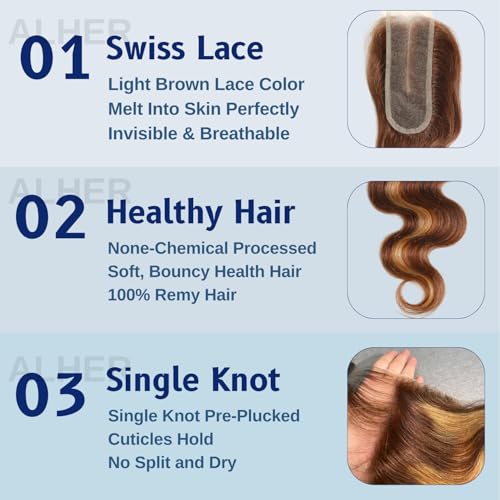 ALHER Long Deep Part 2x6 Closure Body Wave Honey Blonde Highlight, Ombre Brown and Blond 2x6 Kim K Transparent HD Lace Closure Pre Plucked With Baby Hair, #P4/27 Color Real Human Hair 12 Inch