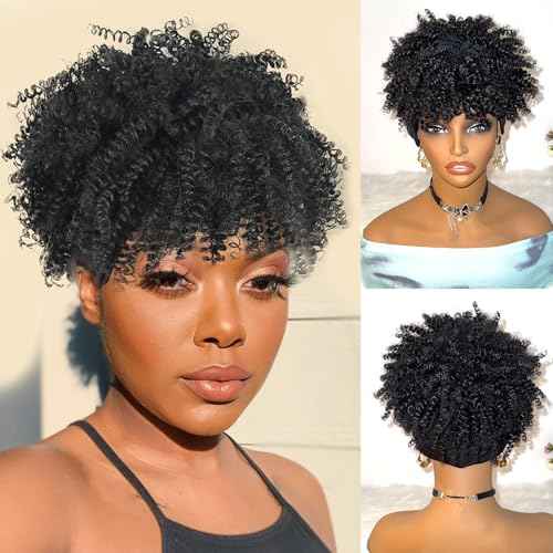 Headband Wig Afro Kinky Headband Wig with Bangs for Women Black Head Wrap 2 in 1 for Women Curly Full Scarf Wigs Synthetic Short Afro Kinky Wigs Afro High Puff Wig