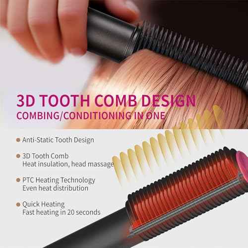 Hair Straightener Brush, 2 in 1 Straightening Brush for Women with 5 Temp Settings, 20s Fast Heating & Dual Voltage, Anti-Scald & Auto Shut Off, Great for Professional Salon at Home, Black