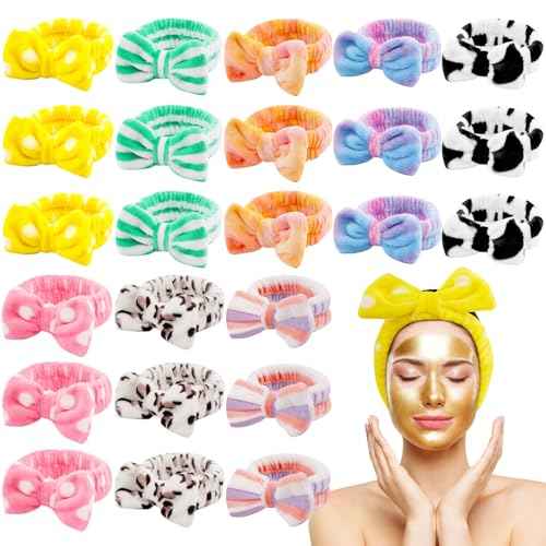 HOFASON 24 Pcs Spa Headband Bulk for Stocking Stuffers, Teens Women Girls Christmas Gifts Bulk for Slumber Bachelorette Party Favors Flannel Bow Makeup Hairband for Washing Face Skincare
