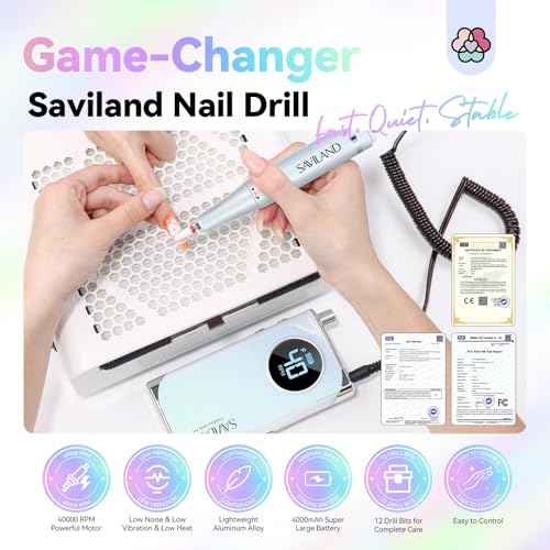 SAVILAND Advance Nail Drill for Acrylic Nails Professional: 40000RPM Nail Drill 6000mAhm High Capacity 2025 Rechargeable Electric Nail File 13 Drill Bits for Nails Manicure Pedicure E File Sky Realm