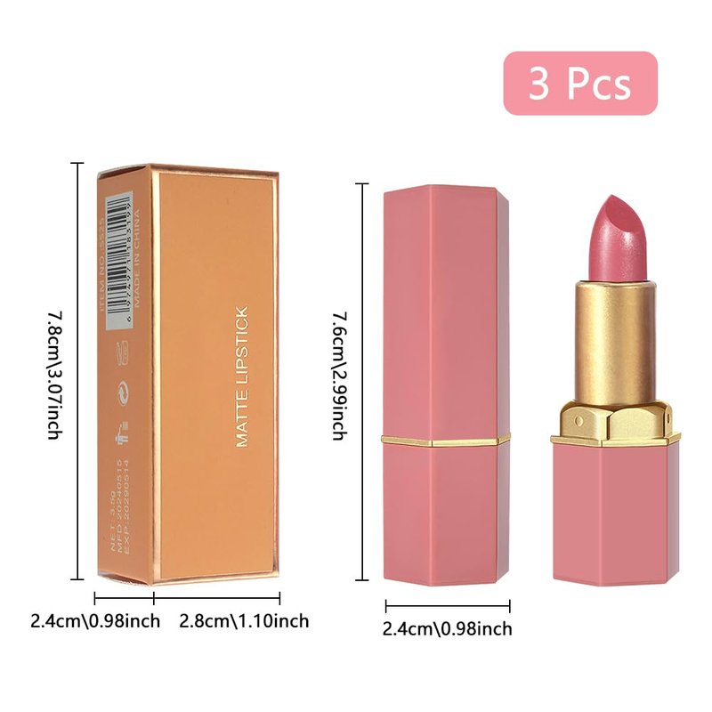 3Pcs Nude Pink Metallic Lipstick Lip Gloss for Women Set,Lightweight Shimmer Frosted Long Lasting Lipstick,Glitter Lip Stain Waterproof Smudge Proof 24 Hour Full Coverage Lip Makeup,Vegan（07,08,09)