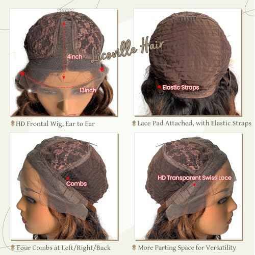 Licoville 22 Inch Highlight Ombre Lace Front Wig Human Hair Loose Wave Lace Front Wigs 1b/30 Black Brown Highlight Loose Curly Wigs Human Hair for Black Women 180% Density Middle Part Pre Plucked