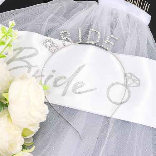 Bride Headband and Sash Veil for Bachelorette Party Tiara Veil for Wedding Bridal Shower Hairband With Veil Bridal Sash Wedding Headpiece for Bride