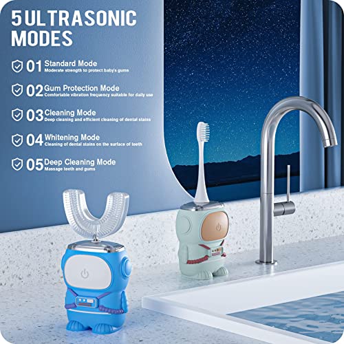 RexCodar Ultrasonic Kid's U-Shaped Electric Toothbrush, IPX7 Waterproof, Five Cleaning Modes, 60S Smart Reminder (Navy Blue, Ages 6-12)