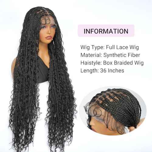 SUPERNOVA Knotless Boho Box Braided Wigs For Black Women 36inch Square Knotless Full Lace Box Braid Wig Goddess Braided Wig With Baby Hair Bohemian Curly Ends Synthetic Boho Braids Wig (36 Inch)