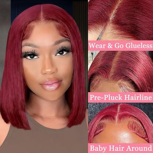 99J Burgundy Bob Wig Human Hair 4x4 HD Lace Front Human Hair Pre Plucked Pre Cut 180% Density Short Bob Glueless Straight Wigs for Black Women 16 Inch