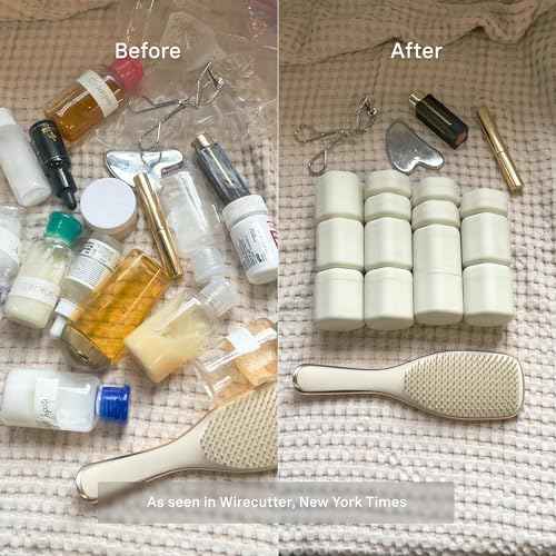 Cadence Travel Containers Haircare Capsule Set - Magnetic Containers with Lids,Carry On Travel Essentials For Women/Men - 3 Flex Mediums (1.32oz) - Shampoo, Conditioner & Comb Icon Labels - Sand