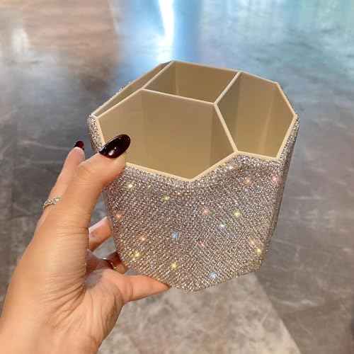 Bling Design Makeup Brush Holder Organizer,360¡Æ Rotating Glitter Rhinestones Cosmetics Storage with 5 Slot Large Capacity Makeup Brushes Cup Pen Holder for Vanity,Bathroom Countertops