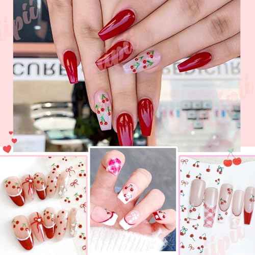 2 Sheets Cherry Nail Stickers +40 Pcs Cute Red & Pink Cherry Golden Alloy Charms + 2 Sizes Red Small Rhinestones Gems 3D Fruit Y2K Nail Art Decals DIY Design for Nails Face Eyes Makeup Crafts