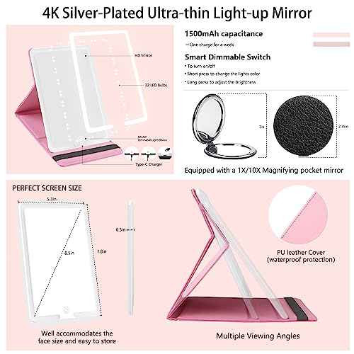 Travel Makeup Bag with Light-up Mirror Portable Cosmetic Organizer Train Case with Adjustable Dividers & Brushes Holder &1X/10X Magnifying Compact Mirror & Eyebrow Trimmer- Pink