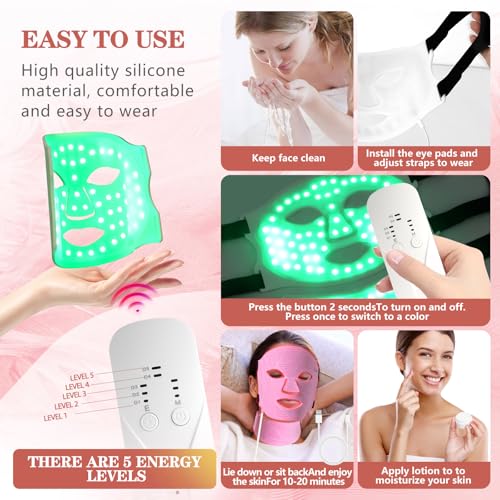 Led Face Mask Light Therapy,Red Light Therapy for Face and Neck,7 Colors LED Facial Skin Care Mask,5 Level Brightness Adjustment,309 LED Beads Can Be Used at Home,Pink