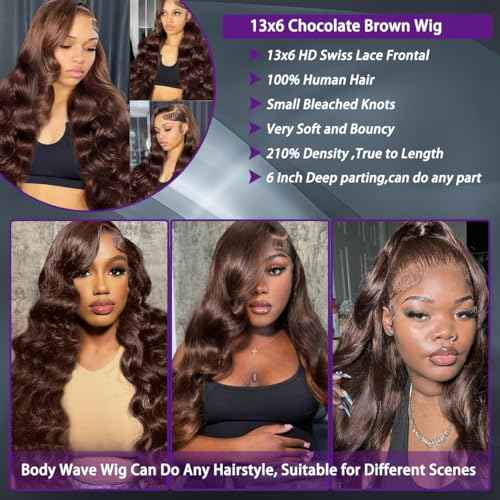 Chocolate Brown Lace Front Wig Human Hair 13x6 Transparent Brown Body Wave Lace Front Wigs Pre Plucked with Baby Hd Lace Wig Colored Frontal Wigs Human Hair for Women 20Inch
