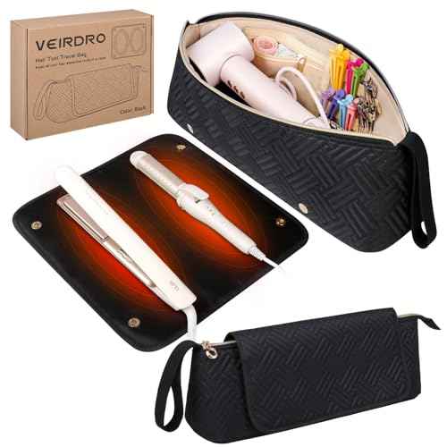 Hair Tools Travel Bag with Heat Resistant Mat, Portable Hair Tool Organizer Travel Carrying Case for Straightener, Flat Iron, Curling Iron, Hair Dryer& Hair Styling Accessories Women (Black)