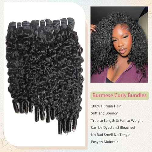 Burmese Curly Bundles Human Hair Water Wave Human Hair 100% Unprocessed Brazilian Virgin Remy Hair Bundles Quick Weave for Women Natural Black (Burmese Curly Natural Black, 18 20 22 Inch NEW)